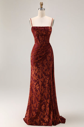 Vinröd Sjöjungfru Korsett Streamer Burnout Sammet Brudtärna Klänning med slits